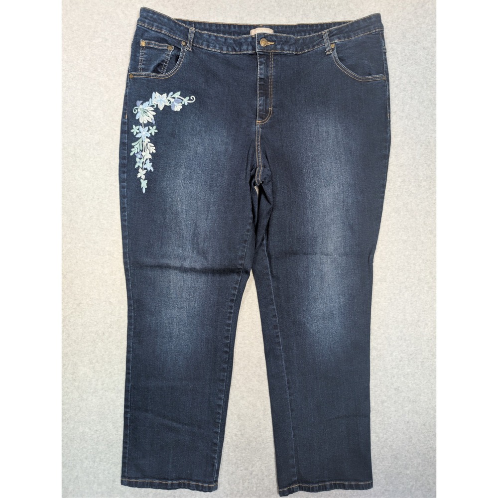 Woman Within Jeans Size 24W Dark Wash Floral Embroidered Tapered Leg Dark‎ Wash